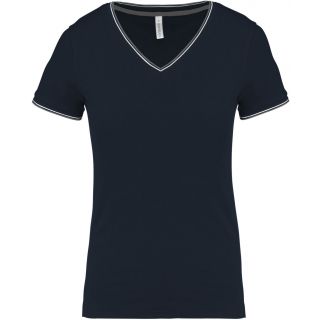 T-shirt femme col V maille piquée K394 - Navy / Light Grey / White